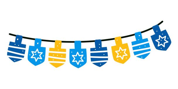 Διάνυσμα απεικόνιση μιας γιρλάντας του Hanukkah dreidels, και τα γράμματά της. Ξύλινες σβούρες. Εβραϊκό, εβραϊκό παιχνίδι - Διάνυσμα, εικόνα