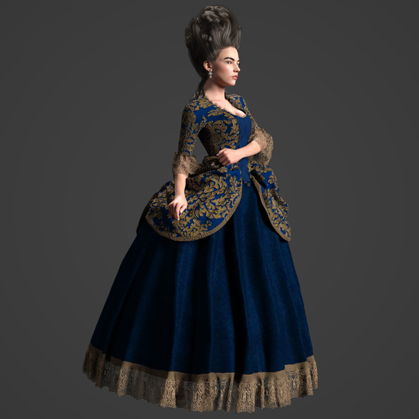 Ilustración de representación 3D Período histórico Vintage Sexy Hermosa mujer victoriana Duquesa Dama en vestido floral azul con alto cabello eduardiano aislado contra fondo oscuro - Foto, Imagen