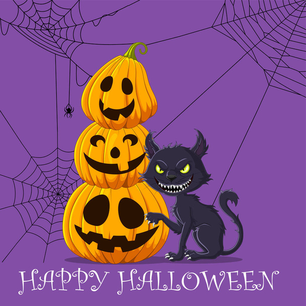 Illustrazione vettoriale dello sfondo di Halloween con mucchio spettrale di zucche e gatto nero - Vettoriali, immagini