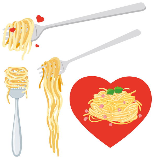 Паста-спагетти и изолированная вилка - Вектор,изображение