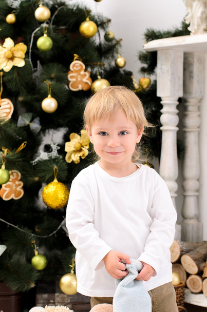 toddler boy in christmas interior - 写真・画像