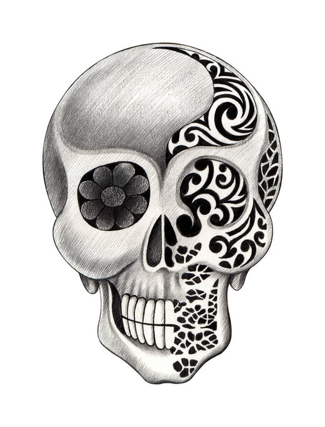 Art surreal skull tattoo. Hand drawing on paper. - Fotó, kép