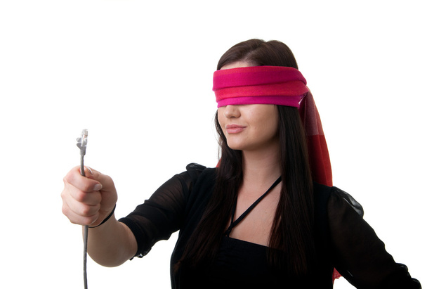kadın ağ kablosu blindfolded - Fotoğraf, Görsel