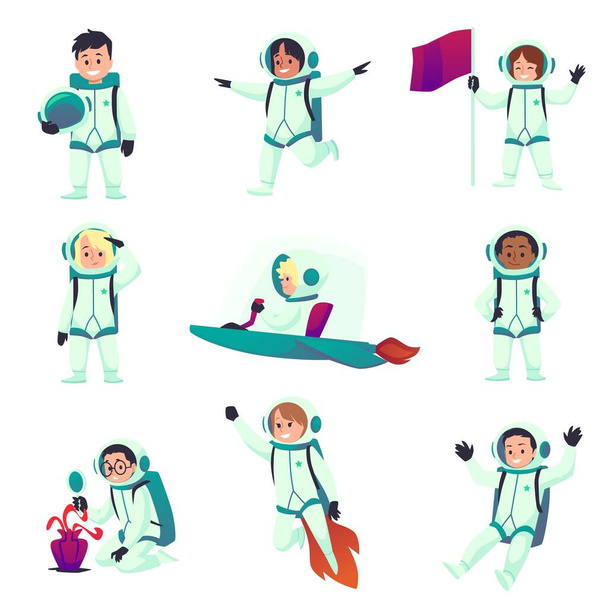 Kid astronauts cartoon vector characters with rocket. Set of flat illuatrations with kids in space isolated on white background. Cute little spacemen explore space, make observations - Vettoriali, immagini