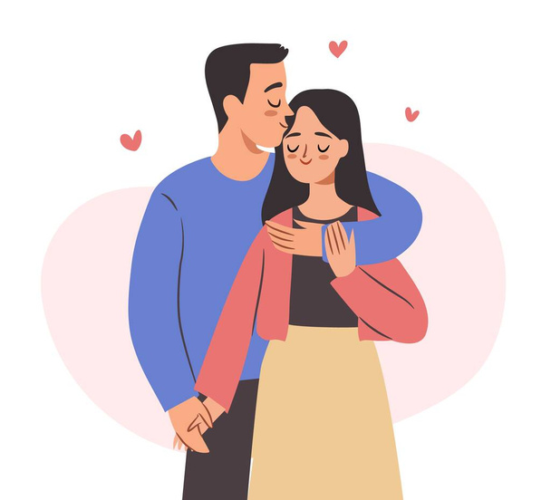Cute couple in love hugging, dancing and kissing. Isolated vector man and woman. - Vecteur, image