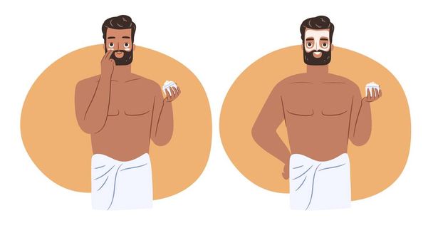 Skincare routine concept for man. Happy young guy in towel holding a face cream in hand. Vector isolated character - Vector, afbeelding