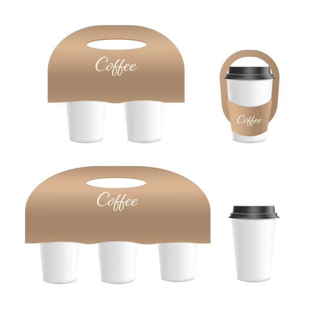 Coffee cup cardboard holder template for design presentation with disposable cups. Hot drinks handle mockup, realistic vector illustration isolated on white background. - Vector, imagen