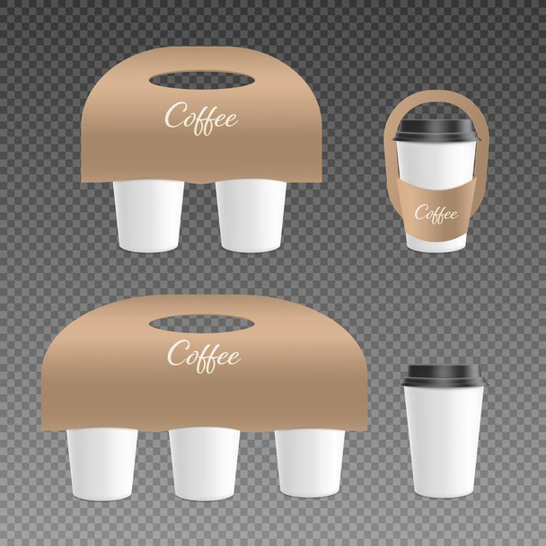 Set beige, brown holder for cups of coffee, vector flat illustration on a transparent background. Mockup, packaging template for takeaway drinks. Carrying plastic mugs, coffee and beverage containers - Vetor, Imagem