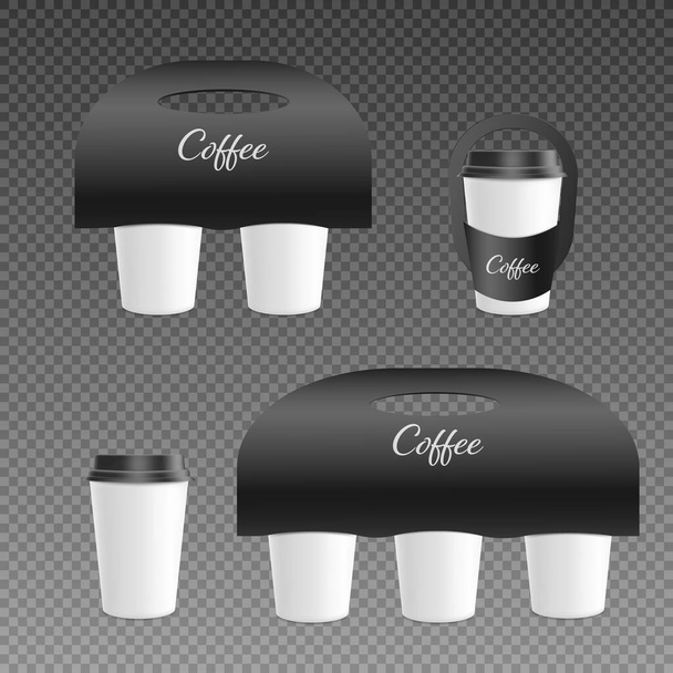 Coffee cup paper holder mockups set for brand identity. Hot beverages handle and coffee cup templates, realistic vector illustration isolated on transporent background. - Vetor, Imagem