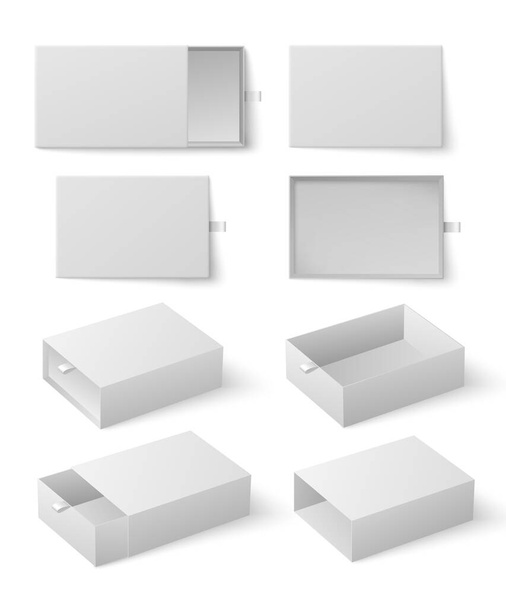 White Box slider, mockup set on white background vector illustration. Gift packaging template, open presentation view. Carton or paper drawer, slide box - Vector, imagen