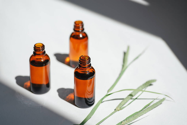 Open amber bottle with serum or essential oil with wild field grass. White background with daylight and beautiful shadows. Beauty concept for face and body care - Photo, image