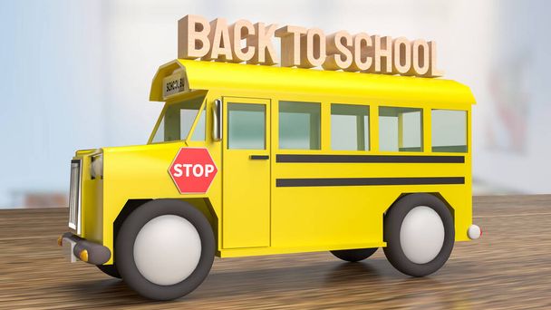 scuolabus su tavolo in legno per il ritorno a scuola concetto rendering 3d - Foto, immagini