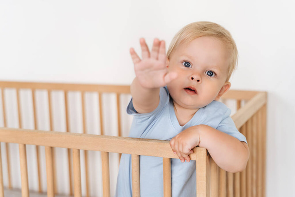 Indoor portrait of worried upset Caucasian baby standing in wooden bed on white background reaching hand out asking to pick him up. Childcare, childhood, maternity concept - Fotó, kép