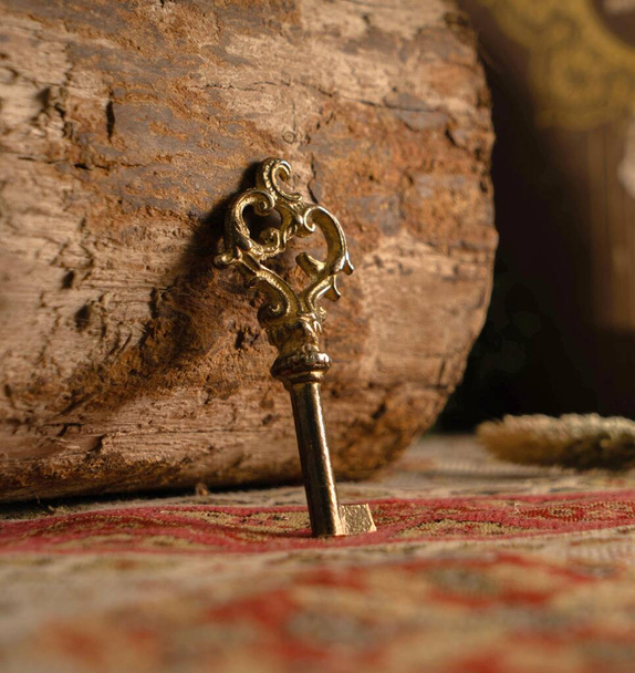 An ancient golden key against weathered wood - Фото, изображение