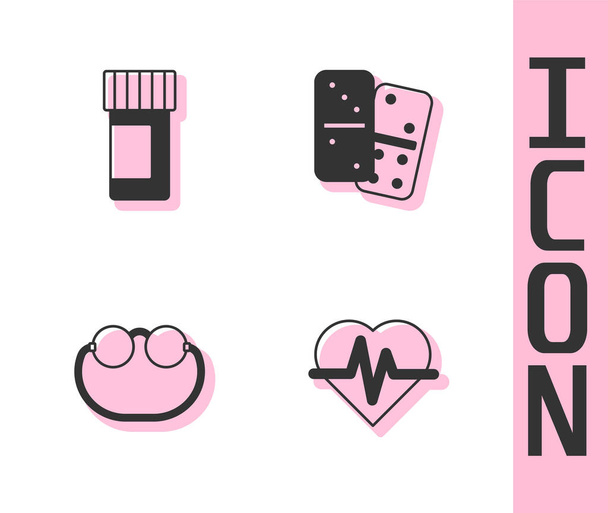Set Heart rate, Medicine bottle and pills, Eyeglasses and Domino icon. Vector. - Vector, Imagen