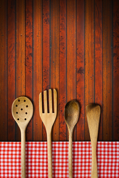 Wooden Kitchen Utensils on Wooden Background - Photo, Image