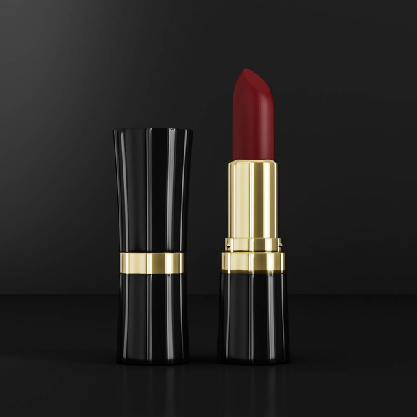 red Lipstick and black Mascara with black background - Photo, Image