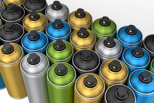Set of colorful spray paint cans in row on white background. 3d render spray paint bottle and dispenserCan of spray paint isolated on white background. 3d render spray paint bottle and dispenser - Foto, Imagem