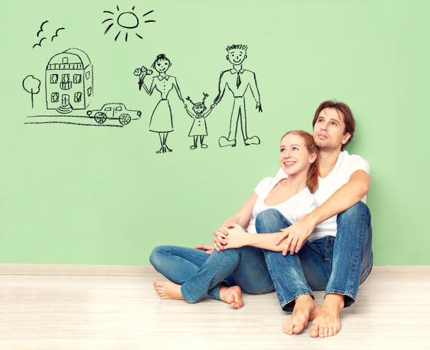 concept. young couple dreaming of new house, car, child, financial well-being - Photo, Image