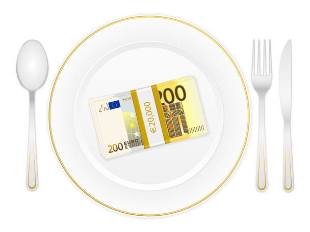 plate cutlery and two hundred euro pack - Vector, Image