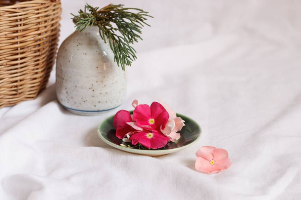 Periwinkle flowers on a ceramic platter for a fresh Spring and Summer aesthetic background - Foto, Imagem