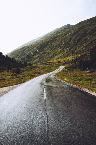 A vertical shot of a wet asphalt road with a crack on it leading to mountains - Fotografie, Obrázek