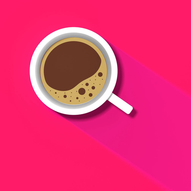 a white cup of coffee on red background. long shadow from cup. invigorating drink. Square image. 3D image. 3D rendering. - Foto, imagen