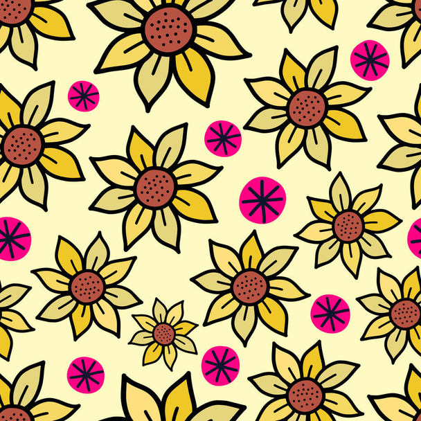 A hand drawn, retro style seamless pattern with doodle daisy flowers. - Wektor, obraz