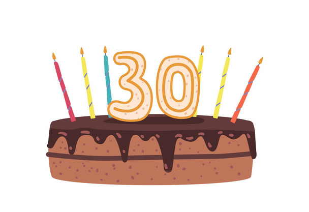 Εορταστική τούρτα σοκολάτας με κεριά για 30 ετών Γιορτή απομονώνονται σε λευκό φόντο. Αρτοποιείο, Σουίτς και Επιδόρπιο Ζαχαροπλαστικής με κρέμα Τσοκο και Digit 30. Εικονογράφηση διάνυσμα κινουμένων σχεδίων - Διάνυσμα, εικόνα