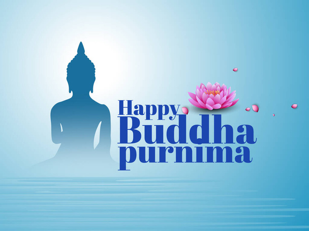 Γενέθλια του Βούδα είναι ένα βουδιστικό φεστιβάλ Ευτυχισμένος Βούδας Purnima Vesak, Κύριος Βούδας στο διαλογισμό, λάτρες λουλούδι - Διάνυσμα, εικόνα