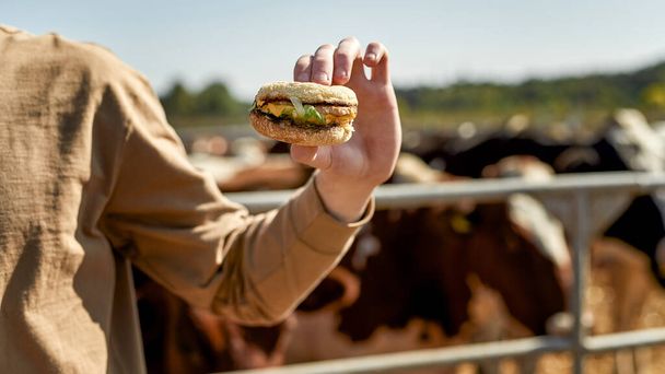 Cropped male farmer hand holding burger from fresh organic products on farm. Blurred background of milk cows. Modern eco and natural agriculture. Environmental sustainability. Countryside lifestyle - Fotoğraf, Görsel