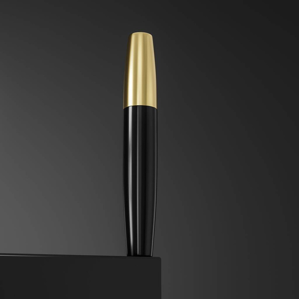 A 3d illustration of Mascara tube, Cosmetic bottle with eyelash brush isolated on dark black background, Makeup cosmetics collection - Фото, зображення