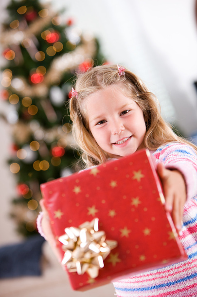 Christmas: Girl Holds Out Pretty Wrapped Christmas Gift - Valokuva, kuva