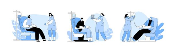 Добровольцы Мужчины и Женщины, сидящие в медицинских больничных стульях и сдающие кровь. Персонажи врачей или медсестер берут кровь во фляжки, донорство, Всемирный день донора крови, здравоохранение. Вектор мультипликации - Вектор,изображение