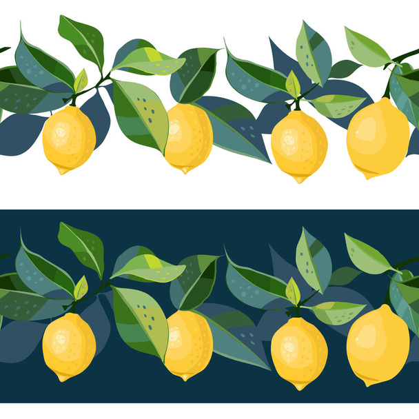 Twee randen met vector getekend citroenen en bladeren. Naadloos patroon. Kan gebruikt worden voor textiel ontwerp, stof prints.  - Vector, afbeelding