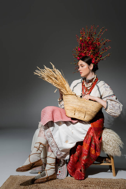 full length of pretty ukrainian woman in traditional clothes and red wreath with flowers holding bag with wheat on dark grey - Foto, immagini
