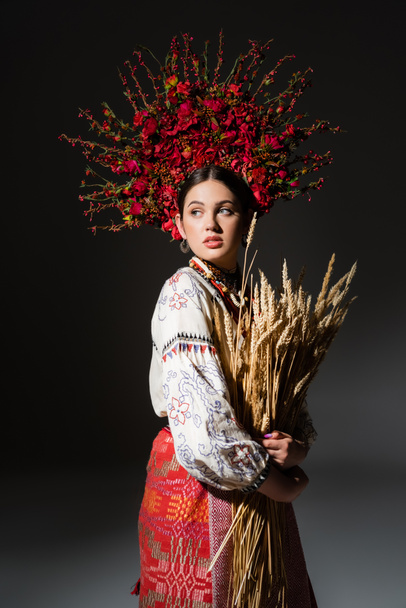 brunette and young ukrainan woman in red floral wreath with berries holding wheat spikelets on black - Fotografie, Obrázek