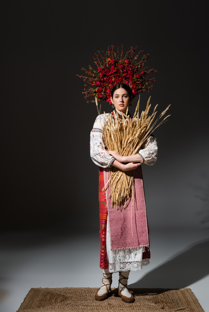 full length of brunette and young ukrainan woman in floral wreath with red berries holding wheat spikelets on black - Fotó, kép