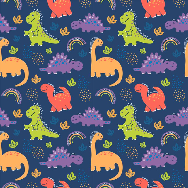 Muster mit niedlichem grünen, orangefarbenen Dino-Rex. Vektorillustration - Vektor, Bild