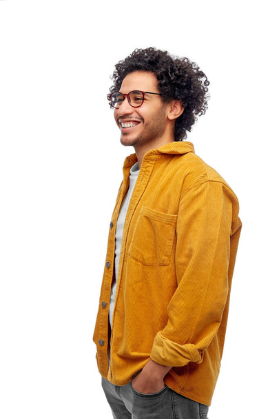 people and fashion concept - happy smiling man in glasses and yellow jacket over white background - Foto, immagini