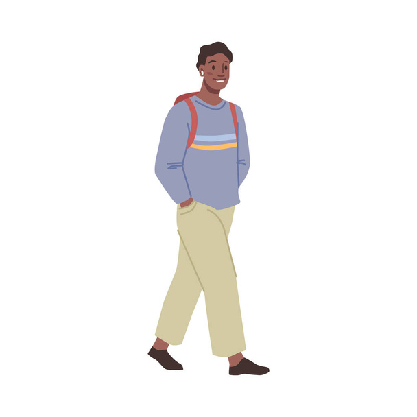 Woman in casual cloth walks with backpack, happy lifestyle of attractive female person. Vector stylish young girl walking, positive lady in trendy wear with rucksack - Vektori, kuva