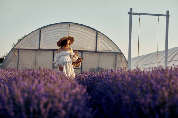 the pregnant girl with a hat in the lavender field on a sunset - Fotó, kép