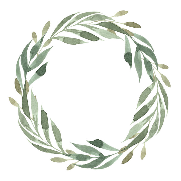 Elegant botanical watercolor wreath with green foliage isolated on white. Perfect for wedding and greeting cards. Hand painted illustration - 写真・画像