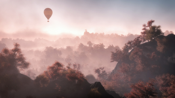 Ilmapallo lentää yli vuoriston maiseman syksyllä varten
 - Valokuva, kuva