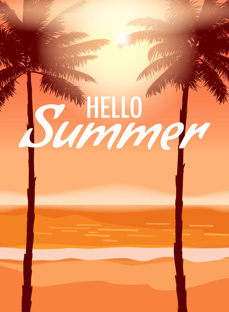 Ciao Summer party poster design template, flyer. Sfondo spiaggia estiva con palme, carta, cartello. Illusione vettoriale - Vettoriali, immagini