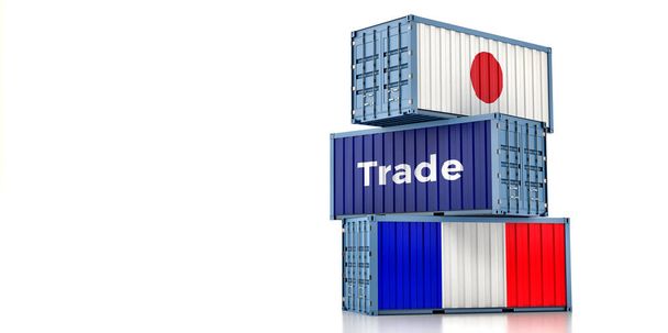 Cargo containers with Japan and France national flags. 3D Rendering - Photo, Image
