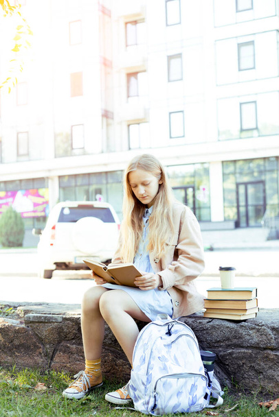 girl with books sitting on the step - Foto, afbeelding