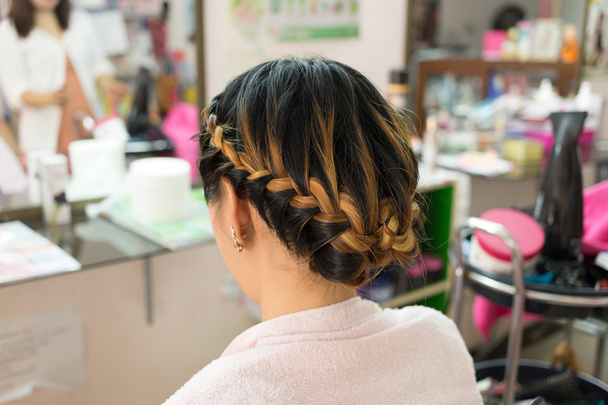 long braid creative brown hair style in salon beauty - Photo, Image