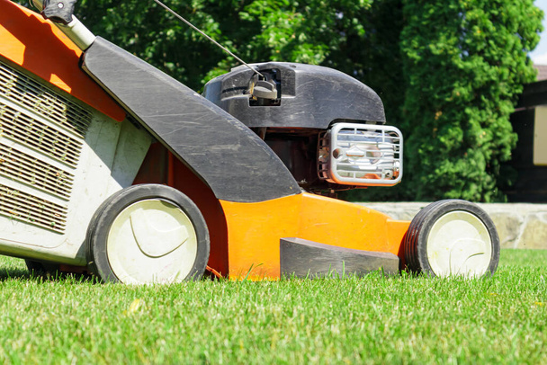 夏に芝生の芝刈り機で芝生を刈る男。春の日当たりの良い芝生の庭で刈る - 写真・画像