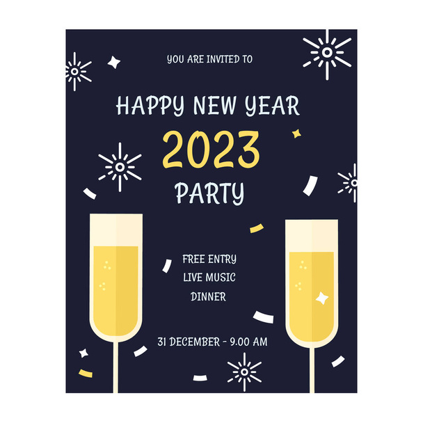 Invitación a la fiesta de Año Nuevo con gafas sobre un fondo oscuro. Ilustración vectorial - Vector, imagen